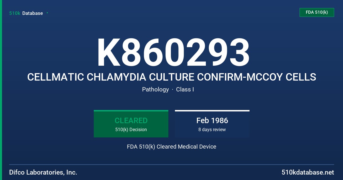 K860293 CELLMATIC CHLAMYDIA CULTURE CONFIRM-MCCOY CELLS FDA 510(k) Cleared Medical Device