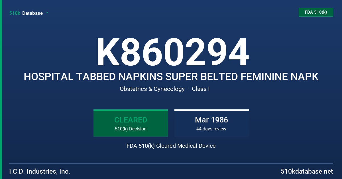 K860294 HOSPITAL TABBED NAPKINS SUPER BELTED FEMININE NAPK FDA 510(k) Cleared Medical Device