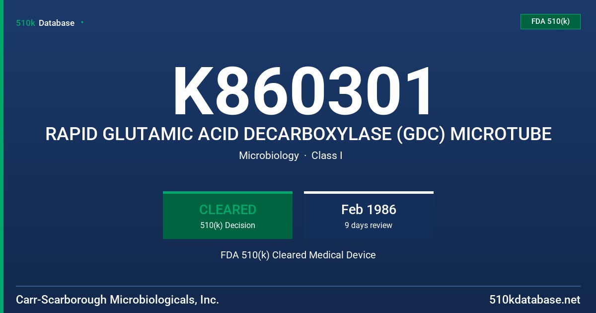 K860301 RAPID GLUTAMIC ACID DECARBOXYLASE (GDC) MICROTUBE FDA 510(k) Cleared Medical Device