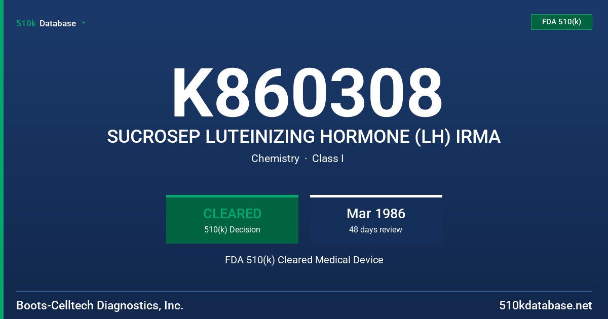 K860308 SUCROSEP LUTEINIZING HORMONE (LH) IRMA FDA 510(k) Cleared Medical Device