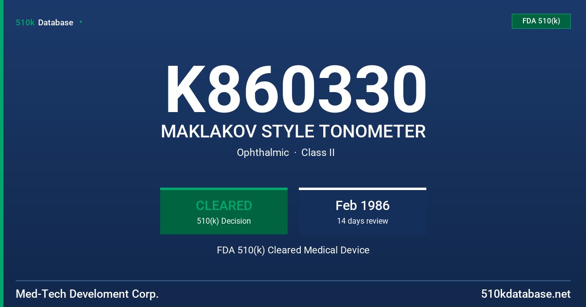 K860330 MAKLAKOV STYLE TONOMETER FDA 510(k) Cleared Medical Device