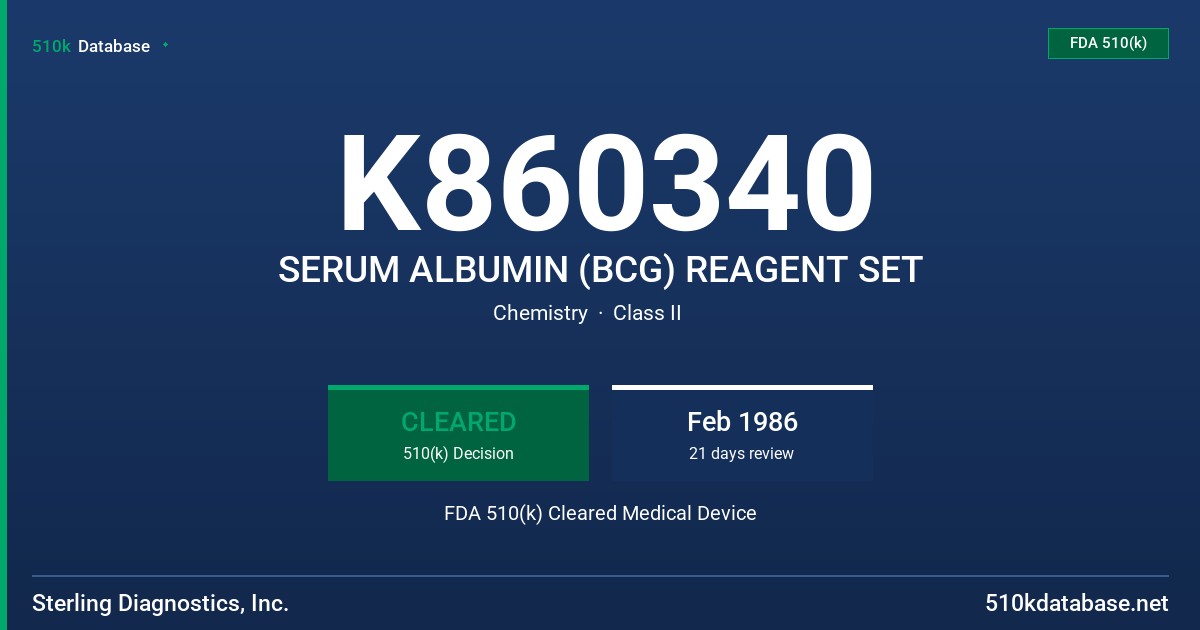 K860340 SERUM ALBUMIN (BCG) REAGENT SET FDA 510(k) Cleared Medical Device
