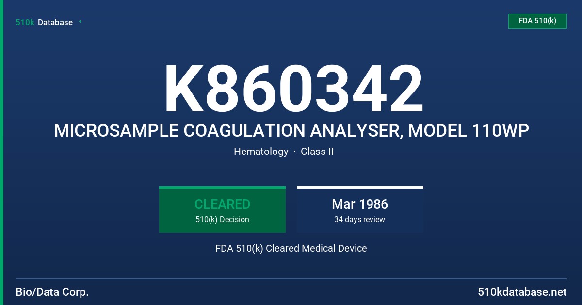 K860342 MICROSAMPLE COAGULATION ANALYSER, MODEL 110WP FDA 510(k) Cleared Medical Device