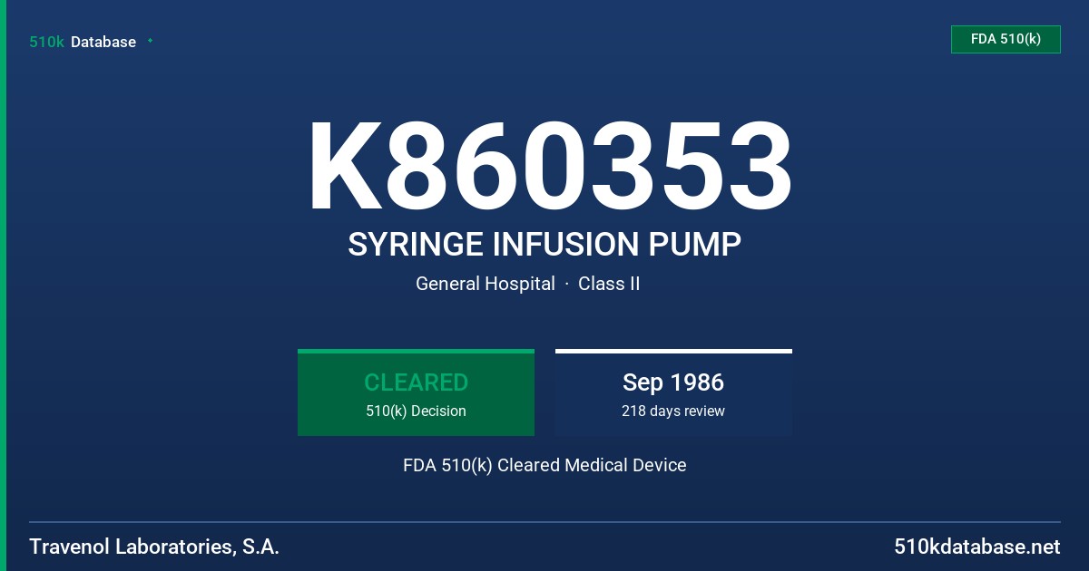 K860353 SYRINGE INFUSION PUMP FDA 510(k) Cleared Medical Device