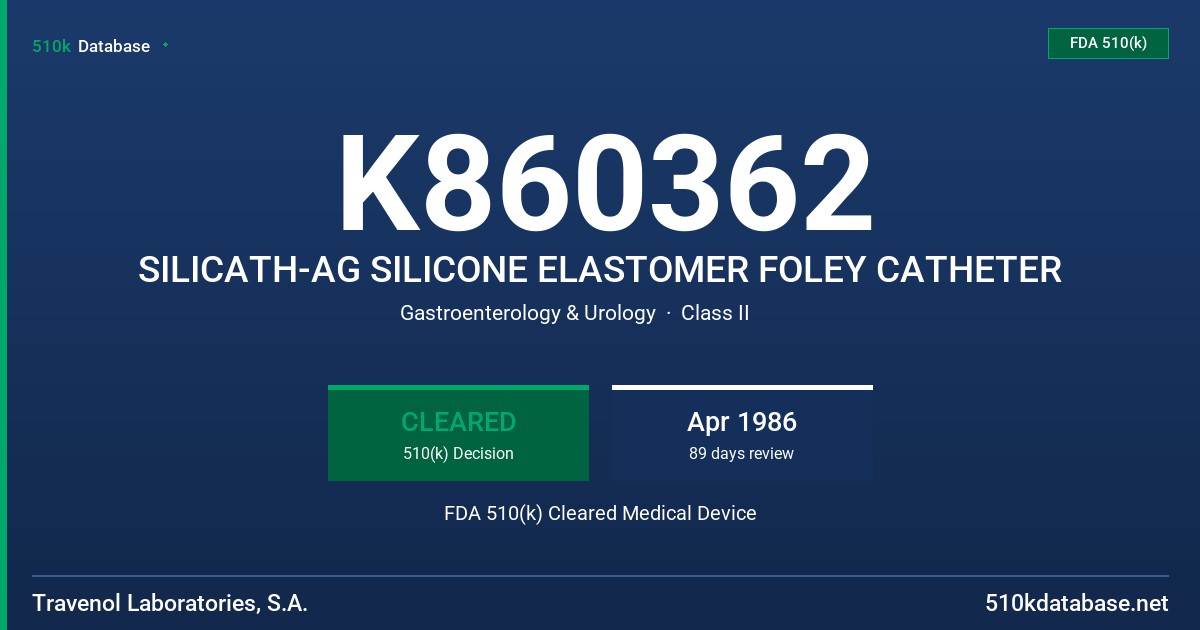 K860362 SILICATH-AG SILICONE ELASTOMER FOLEY CATHETER FDA 510(k) Cleared Medical Device