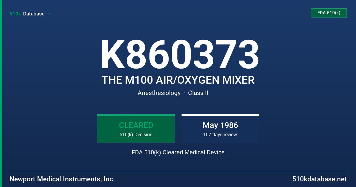 K860373 THE M100 AIR/OXYGEN MIXER FDA 510(k) Cleared Medical Device