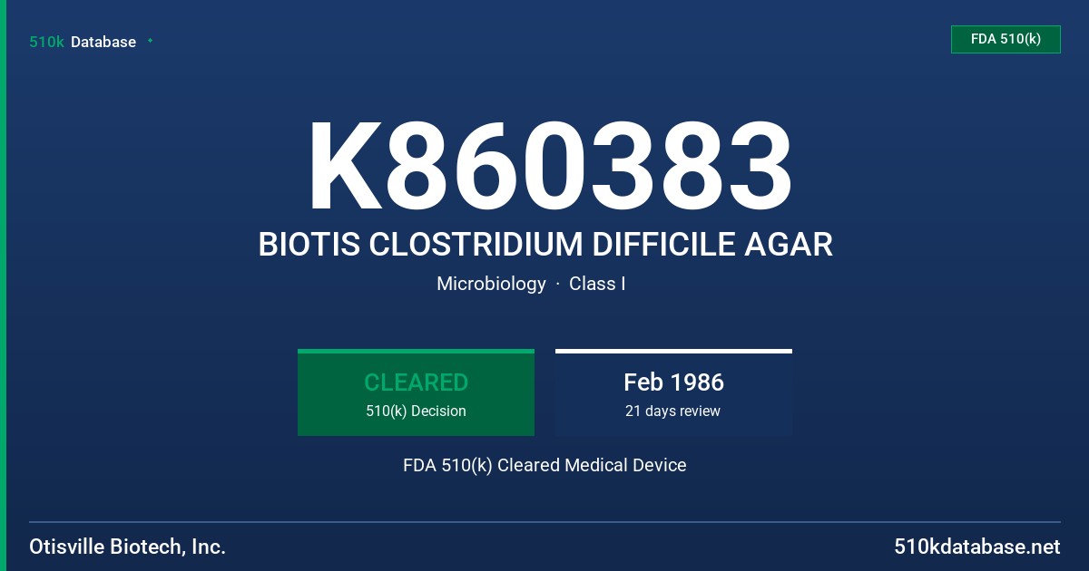 K860383 BIOTIS CLOSTRIDIUM DIFFICILE AGAR FDA 510(k) Cleared Medical Device