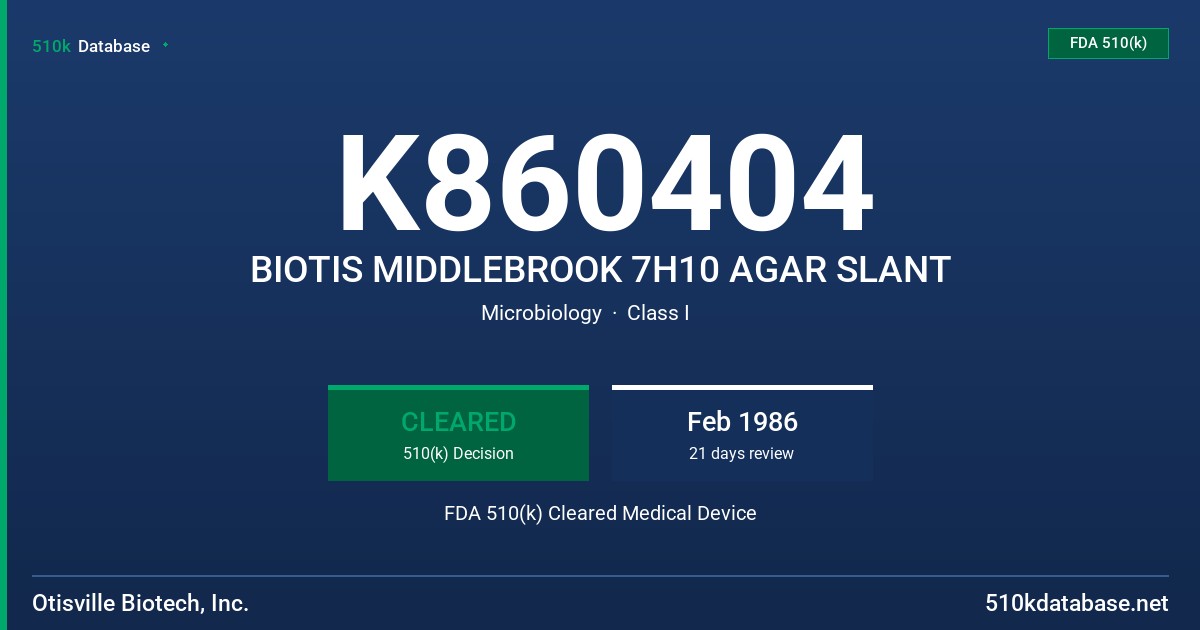 K860404 BIOTIS MIDDLEBROOK 7H10 AGAR SLANT FDA 510(k) Cleared Medical Device