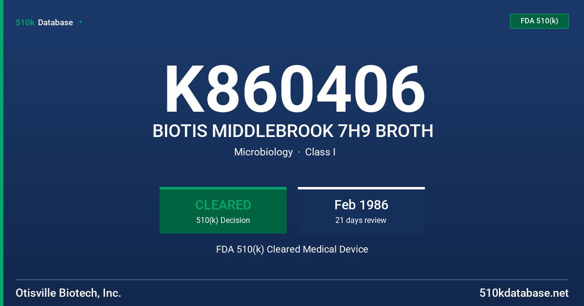 K860406 BIOTIS MIDDLEBROOK 7H9 BROTH FDA 510(k) Cleared Medical Device