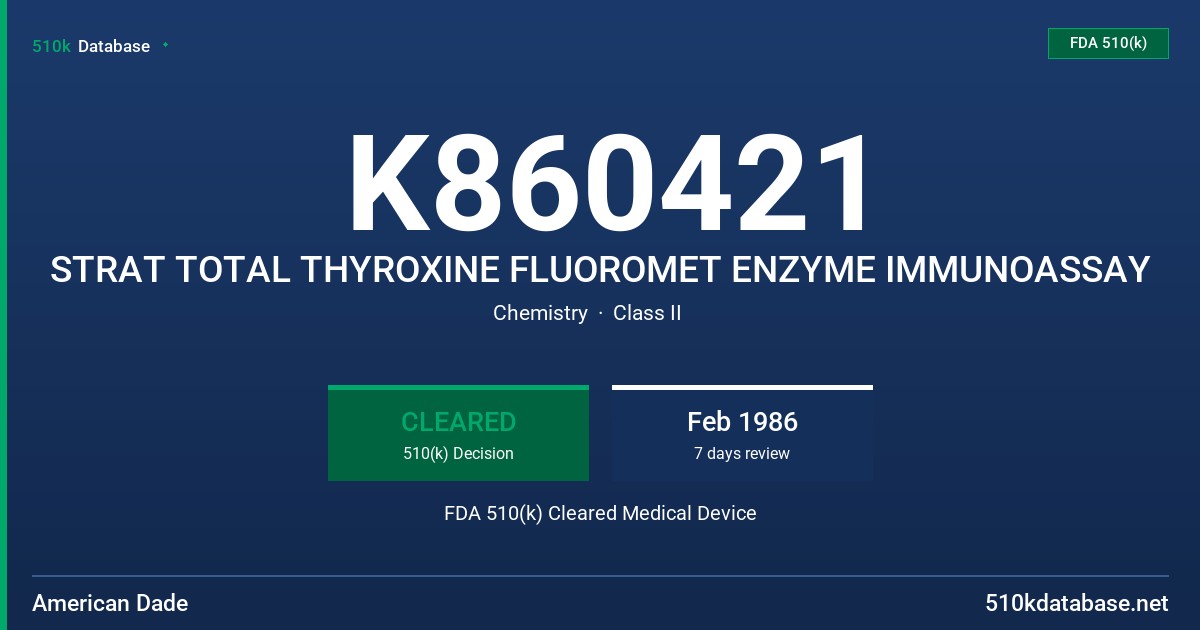 K860421 STRAT TOTAL THYROXINE FLUOROMET ENZYME IMMUNOASSAY FDA 510(k) Cleared Medical Device
