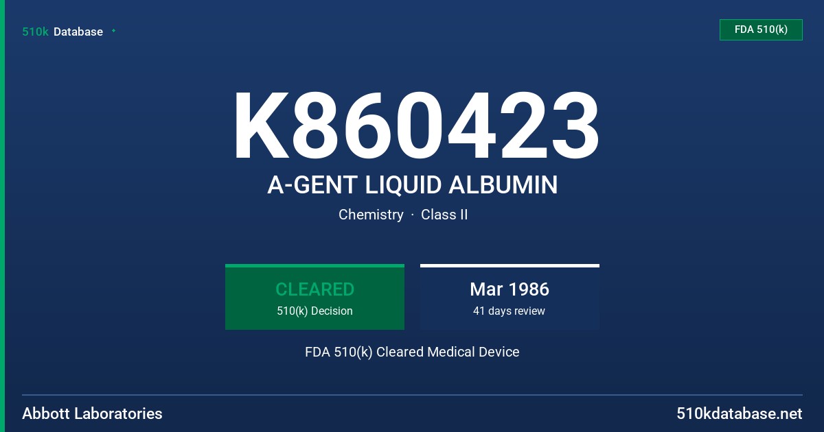 K860423 A-GENT LIQUID ALBUMIN FDA 510(k) Cleared Medical Device