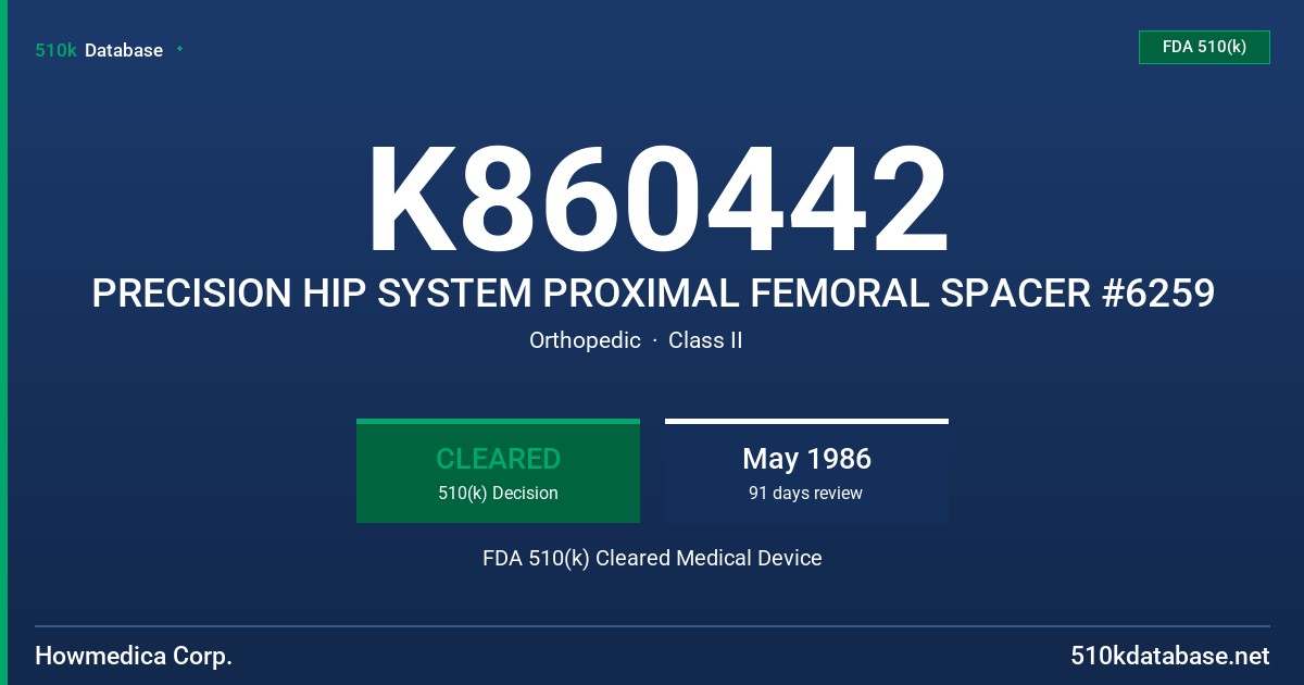 K860442 PRECISION HIP SYSTEM PROXIMAL FEMORAL SPACER #6259 FDA 510(k) Cleared Medical Device
