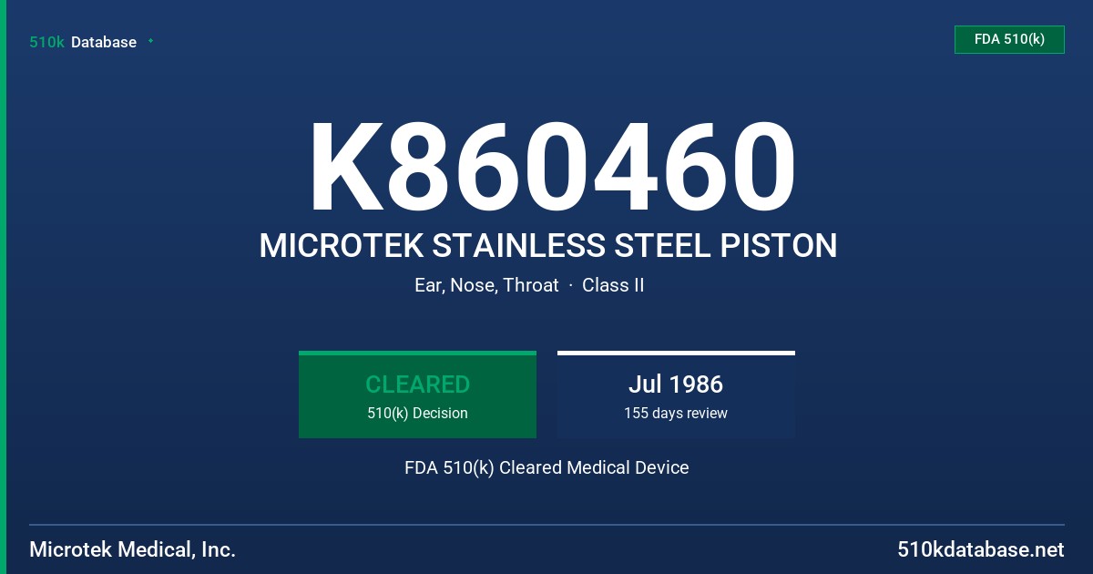 K860460 MICROTEK STAINLESS STEEL PISTON FDA 510(k) Cleared Medical Device
