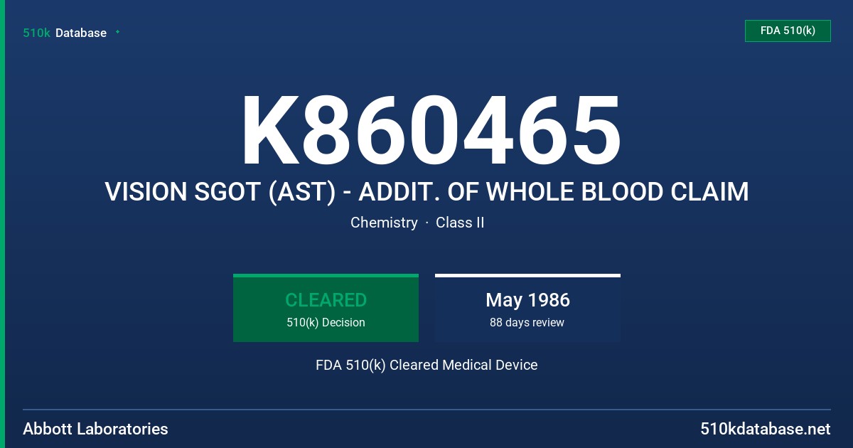 K860465 VISION SGOT (AST) - ADDIT. OF WHOLE BLOOD CLAIM FDA 510(k) Cleared Medical Device