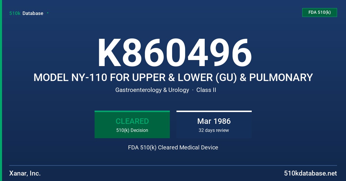 K860496 MODEL NY-110 FOR UPPER & LOWER (GU) & PULMONARY FDA 510(k) Cleared Medical Device