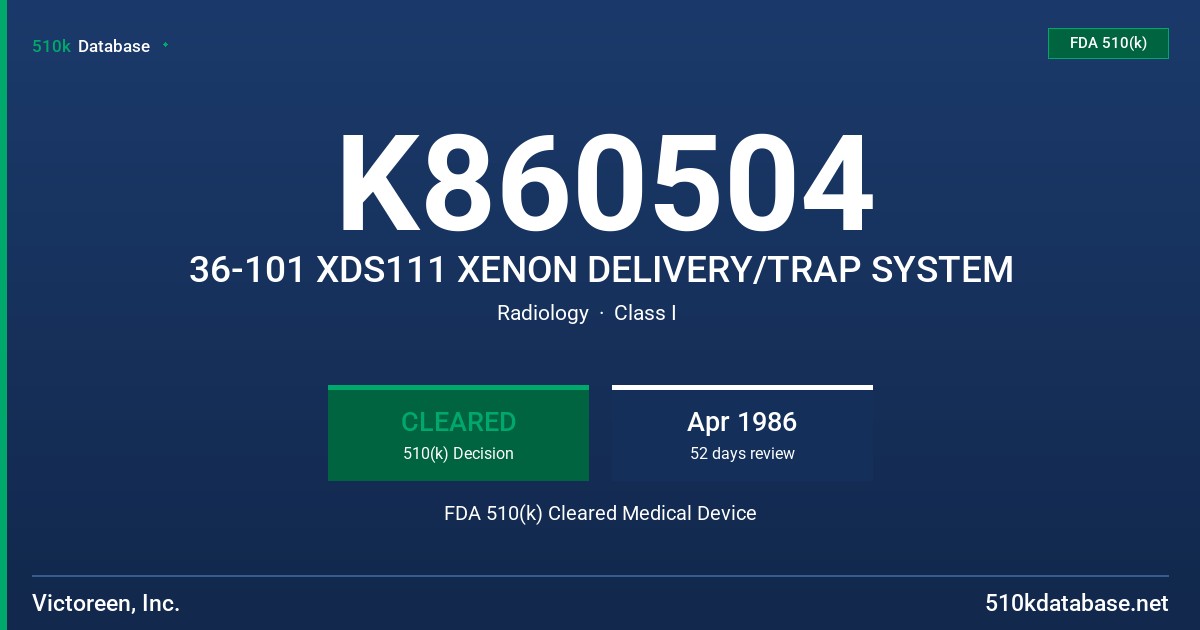 K860504 36-101 XDS111 XENON DELIVERY/TRAP SYSTEM FDA 510(k) Cleared Medical Device