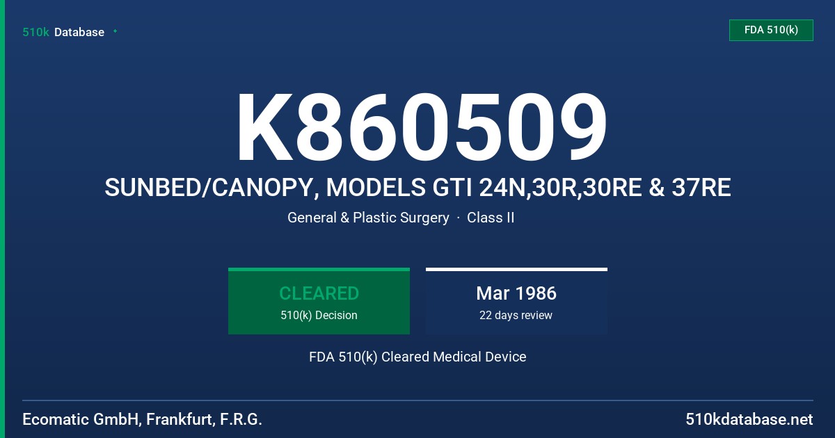 K860509 SUNBED/CANOPY, MODELS GTI 24N,30R,30RE & 37RE FDA 510(k) Cleared Medical Device