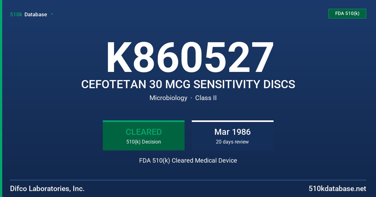 K860527 CEFOTETAN 30 MCG SENSITIVITY DISCS FDA 510(k) Cleared Medical Device