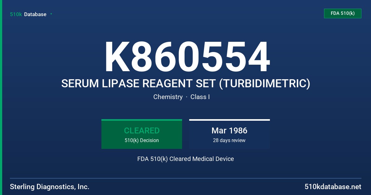 K860554 SERUM LIPASE REAGENT SET (TURBIDIMETRIC) FDA 510(k) Cleared Medical Device