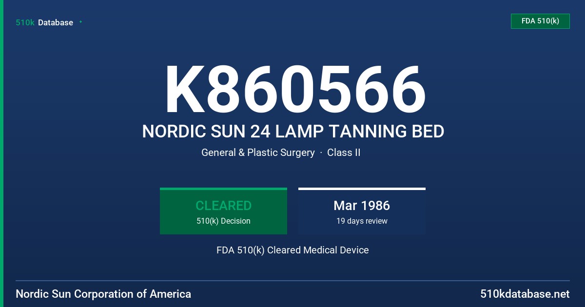 K860566 NORDIC SUN 24 LAMP TANNING BED FDA 510(k) Cleared Medical Device