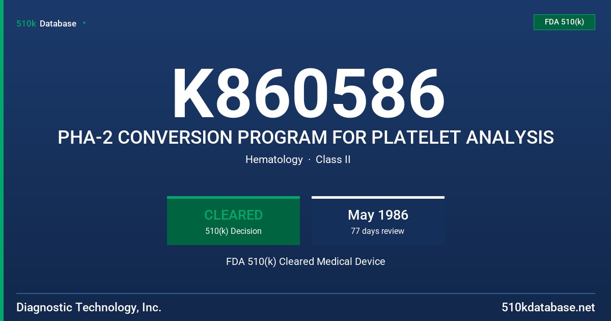 K860586 PHA-2 CONVERSION PROGRAM FOR PLATELET ANALYSIS FDA 510(k) Cleared Medical Device
