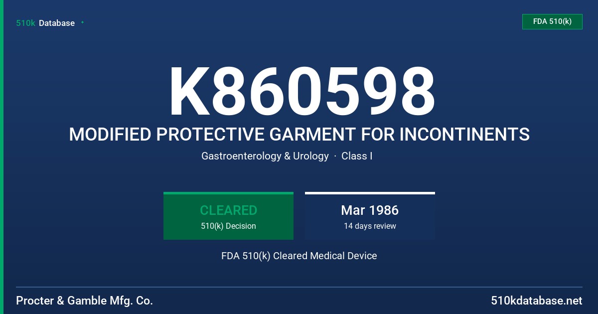 K860598 MODIFIED PROTECTIVE GARMENT FOR INCONTINENTS FDA 510(k) Cleared Medical Device