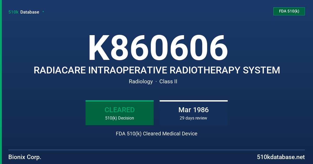 K860606 RADIACARE INTRAOPERATIVE RADIOTHERAPY SYSTEM FDA 510(k) Cleared Medical Device