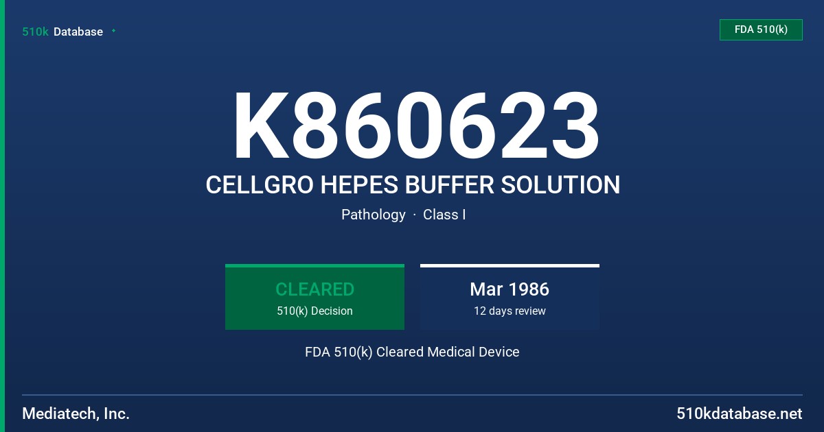 K860623 CELLGRO HEPES BUFFER SOLUTION FDA 510(k) Cleared Medical Device