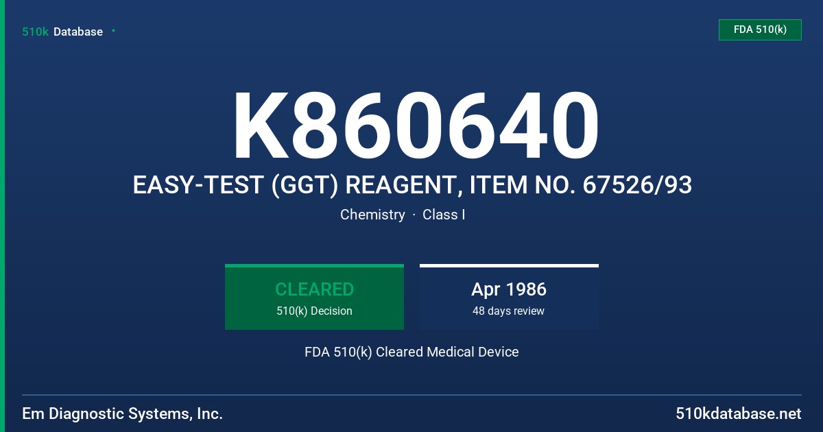 K860640 EASY-TEST (GGT) REAGENT, ITEM NO. 67526/93 FDA 510(k) Cleared Medical Device