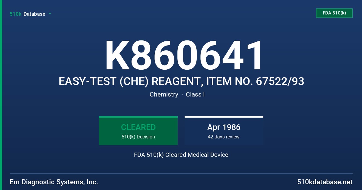 K860641 EASY-TEST (CHE) REAGENT, ITEM NO. 67522/93 FDA 510(k) Cleared Medical Device