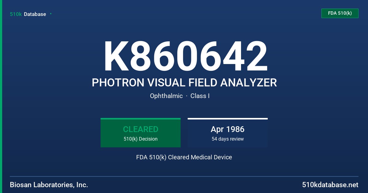 K860642 PHOTRON VISUAL FIELD ANALYZER FDA 510(k) Cleared Medical Device