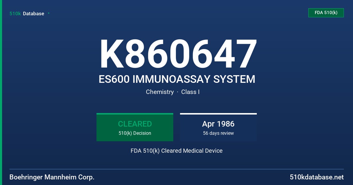 K860647 ES600 IMMUNOASSAY SYSTEM FDA 510(k) Cleared Medical Device