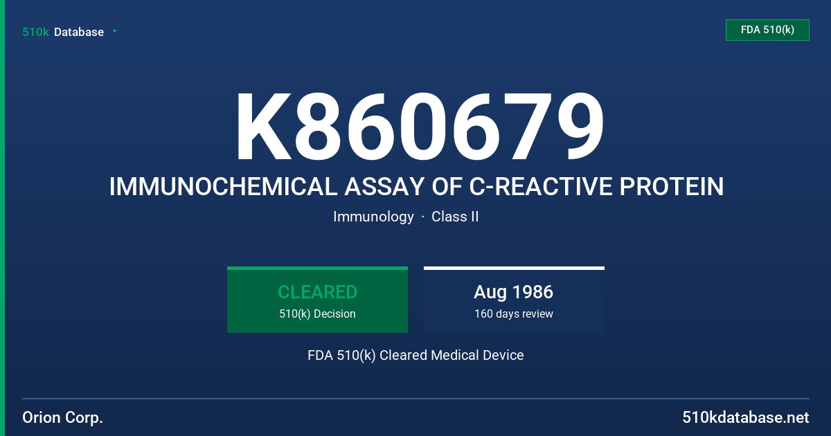 K860679 IMMUNOCHEMICAL ASSAY OF C-REACTIVE PROTEIN FDA 510(k) Cleared Medical Device