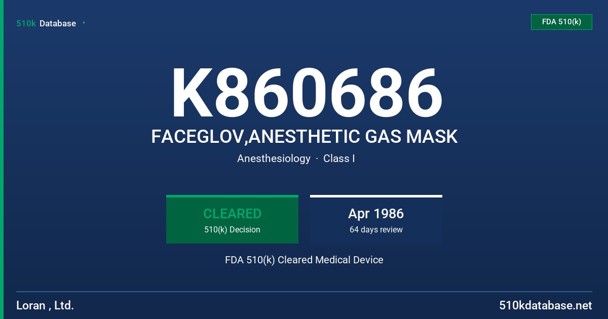 K860686 FACEGLOV,ANESTHETIC GAS MASK FDA 510(k) Cleared Medical Device