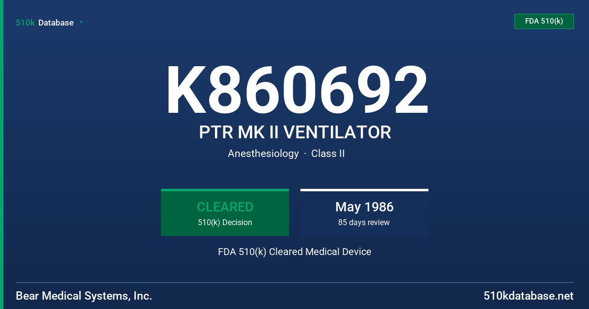 K860692 PTR MK II VENTILATOR FDA 510(k) Cleared Medical Device