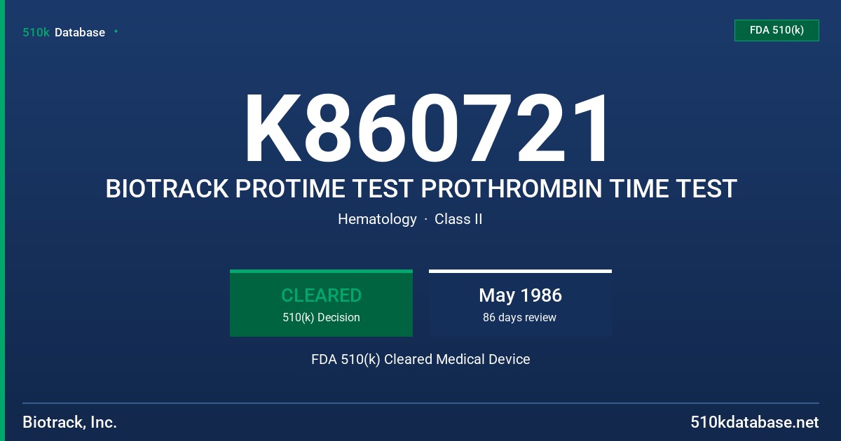 K860721 BIOTRACK PROTIME TEST PROTHROMBIN TIME TEST FDA 510(k) Cleared Medical Device