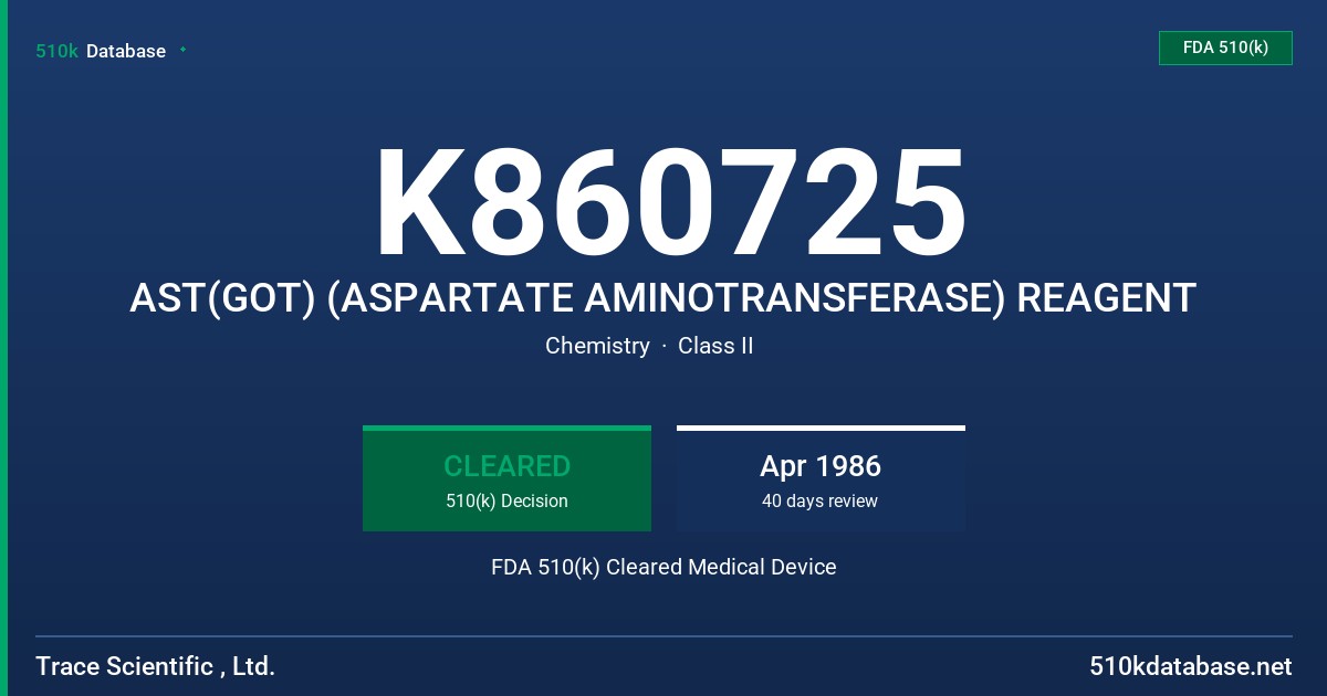 K860725 AST(GOT) (ASPARTATE AMINOTRANSFERASE) REAGENT FDA 510(k) Cleared Medical Device