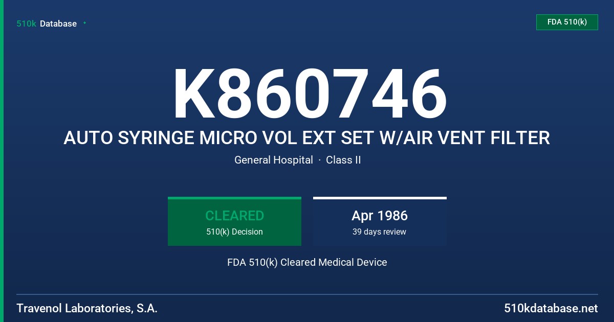 K860746 AUTO SYRINGE MICRO VOL EXT SET W/AIR VENT FILTER FDA 510(k) Cleared Medical Device