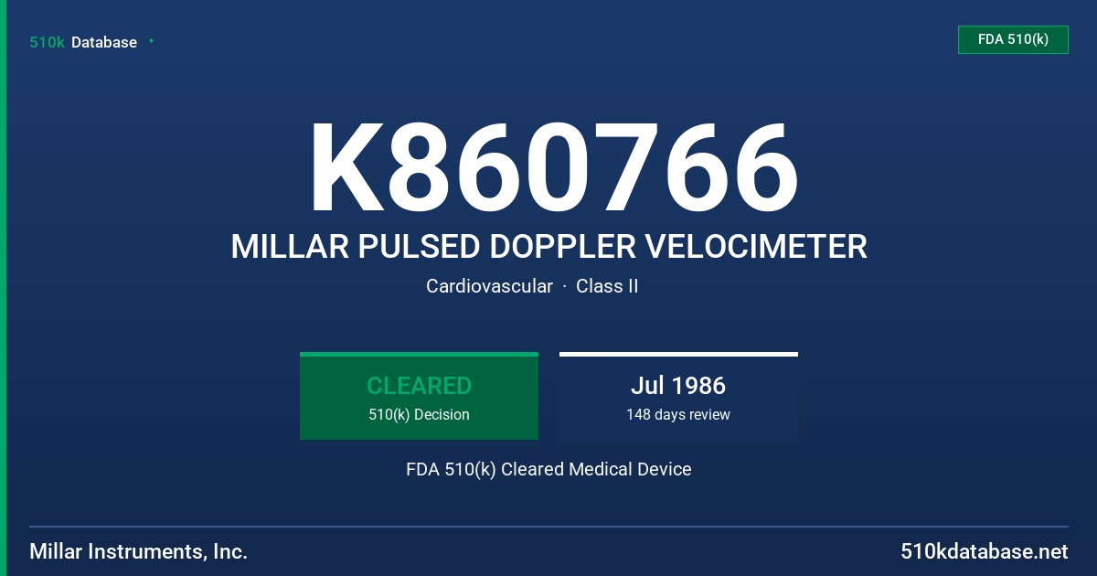 K860766 MILLAR PULSED DOPPLER VELOCIMETER FDA 510(k) Cleared Medical Device