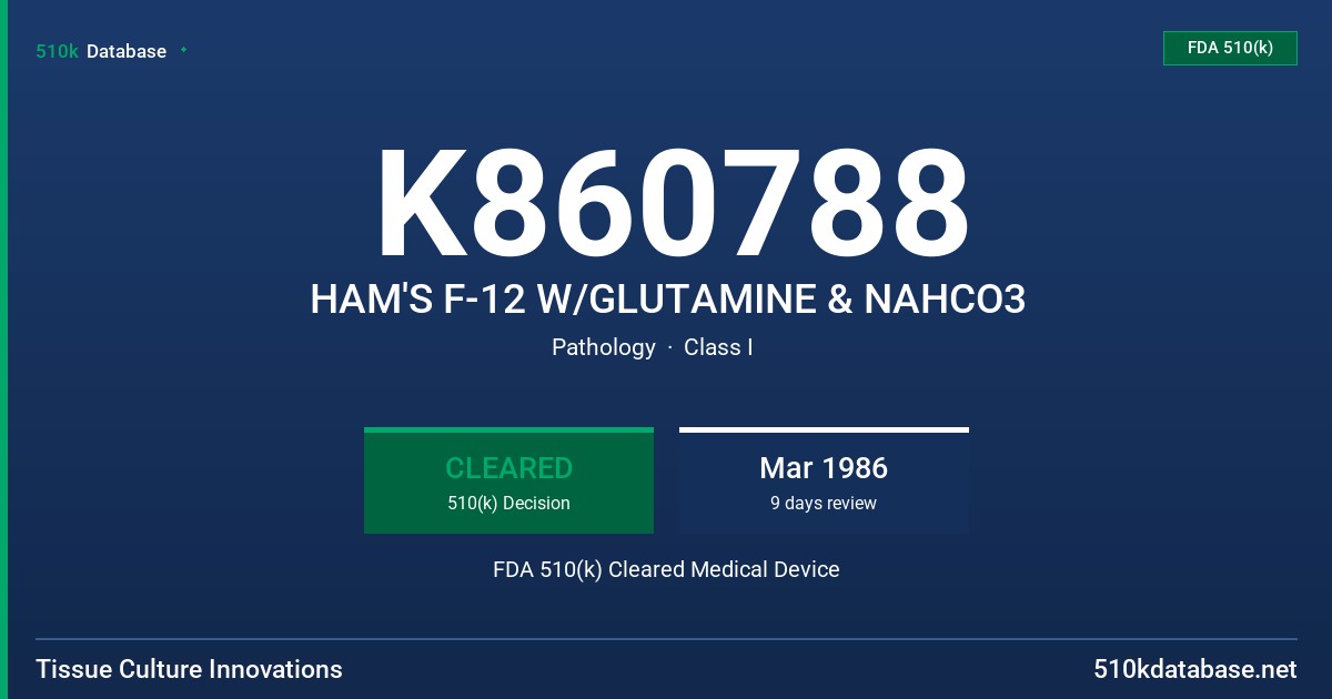 K860788 HAM'S F-12 W/GLUTAMINE & NAHCO3 FDA 510(k) Cleared Medical Device