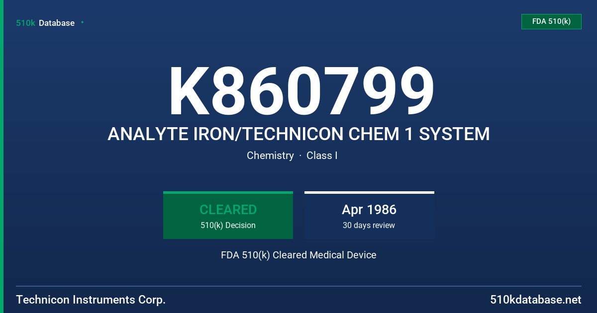 K860799 ANALYTE IRON/TECHNICON CHEM 1 SYSTEM FDA 510(k) Cleared Medical Device