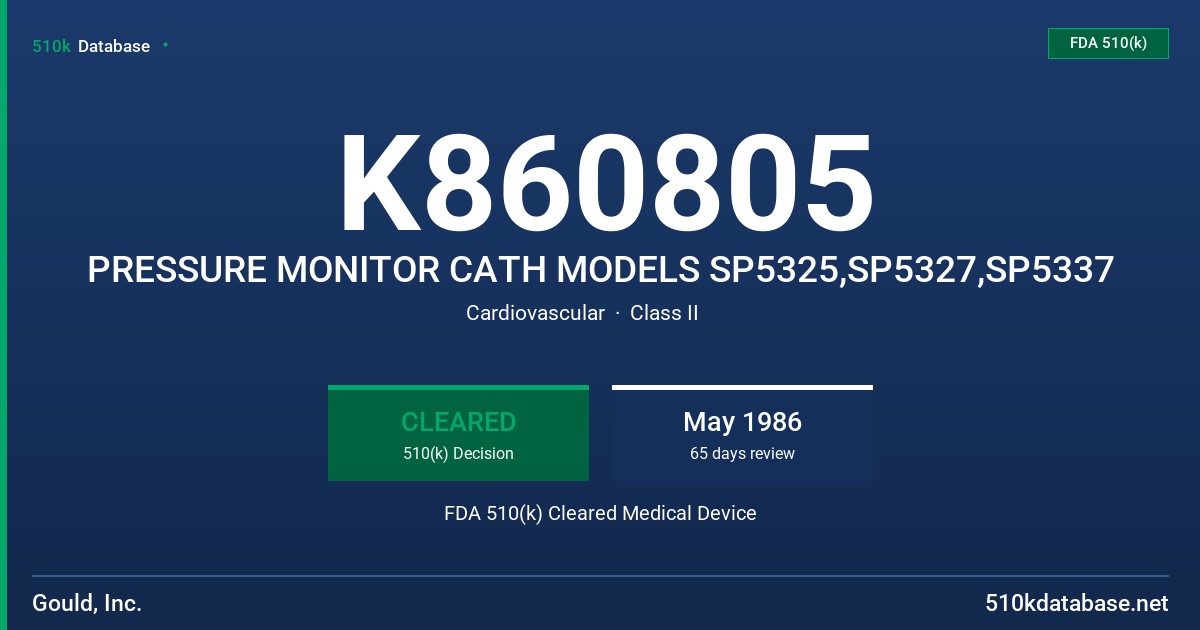 K860805 PRESSURE MONITOR CATH MODELS SP5325,SP5327,SP5337 FDA 510(k) Cleared Medical Device