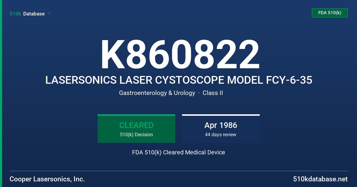 K860822 LASERSONICS LASER CYSTOSCOPE MODEL FCY-6-35 FDA 510(k) Cleared Medical Device