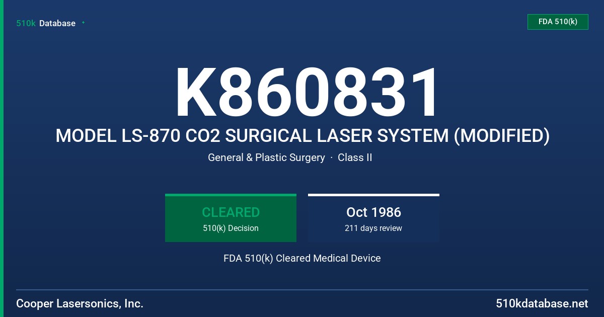 K860831 MODEL LS-870 CO2 SURGICAL LASER SYSTEM (MODIFIED) FDA 510(k) Cleared Medical Device
