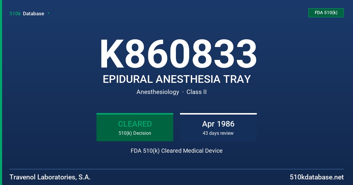 K860833 EPIDURAL ANESTHESIA TRAY FDA 510(k) Cleared Medical Device