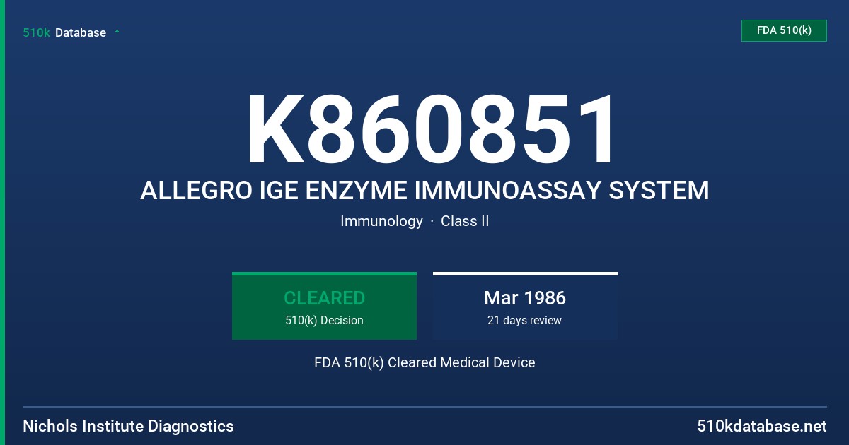 K860851 ALLEGRO IGE ENZYME IMMUNOASSAY SYSTEM FDA 510(k) Cleared Medical Device