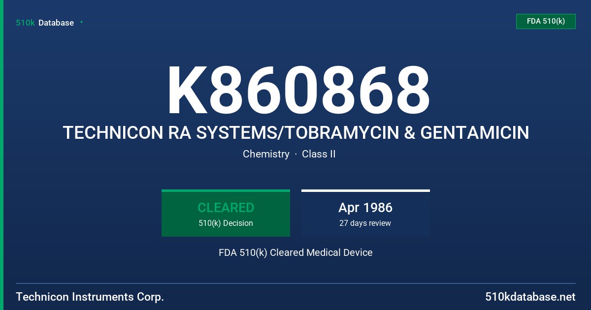K860868 TECHNICON RA SYSTEMS/TOBRAMYCIN & GENTAMICIN FDA 510(k) Cleared Medical Device
