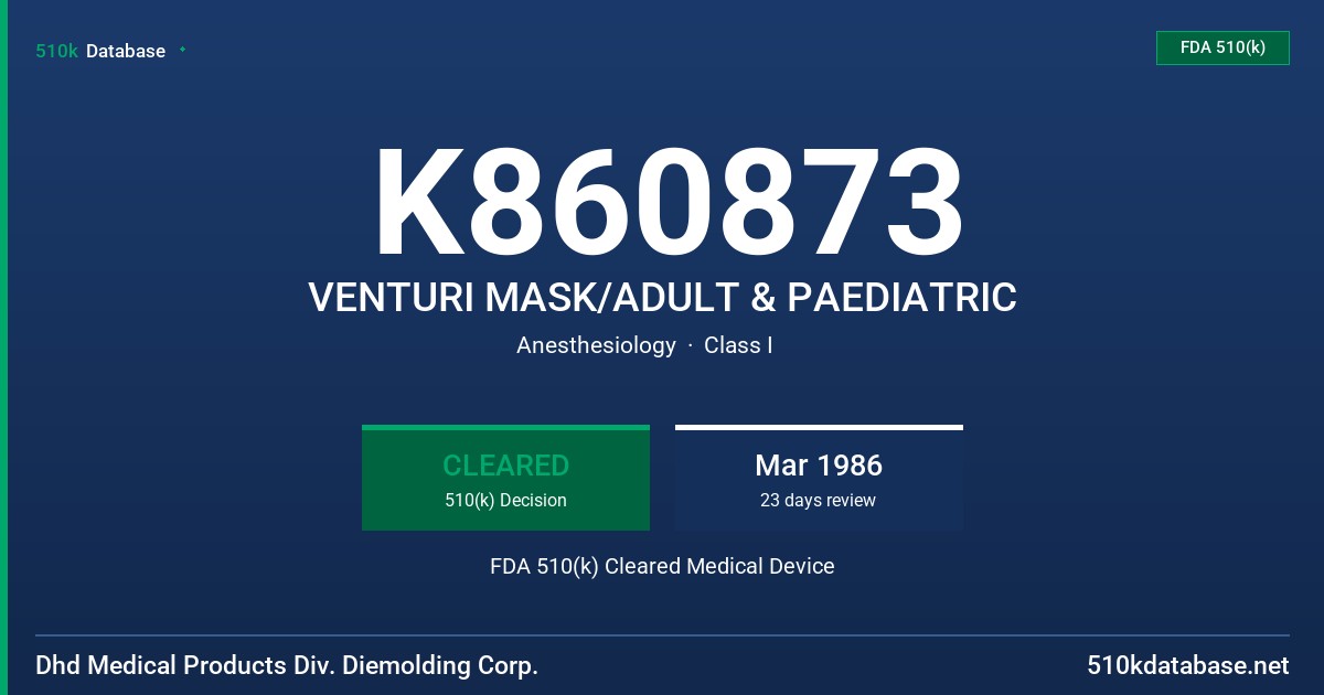 K860873 VENTURI MASK/ADULT & PAEDIATRIC FDA 510(k) Cleared Medical Device