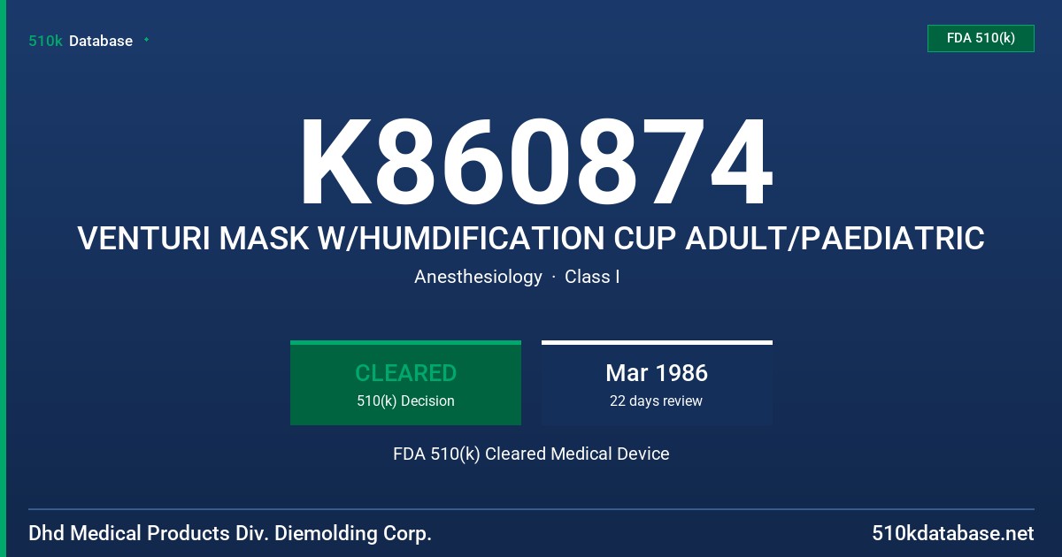 K860874 VENTURI MASK W/HUMDIFICATION CUP ADULT/PAEDIATRIC FDA 510(k) Cleared Medical Device
