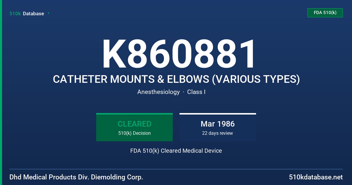 K860881 CATHETER MOUNTS & ELBOWS (VARIOUS TYPES) FDA 510(k) Cleared Medical Device
